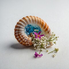 A single vibrant seashell holding a miniature ocean and tiny flowers inside, against a blank white background.