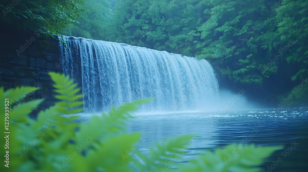 Poster a serene waterfall cascades into a tranquil pool, surrounded by lush greenery, creating a peaceful n