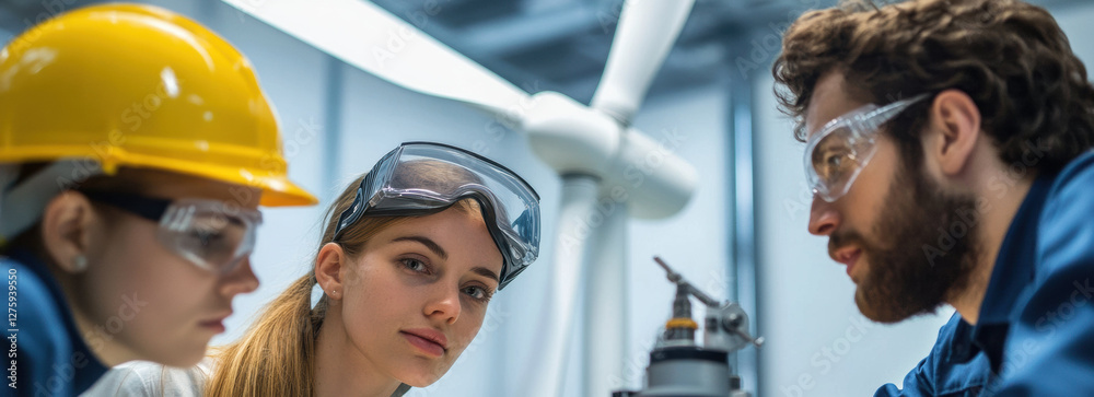 Poster Engineers collaborating on wind turbine prototype testing in laboratory