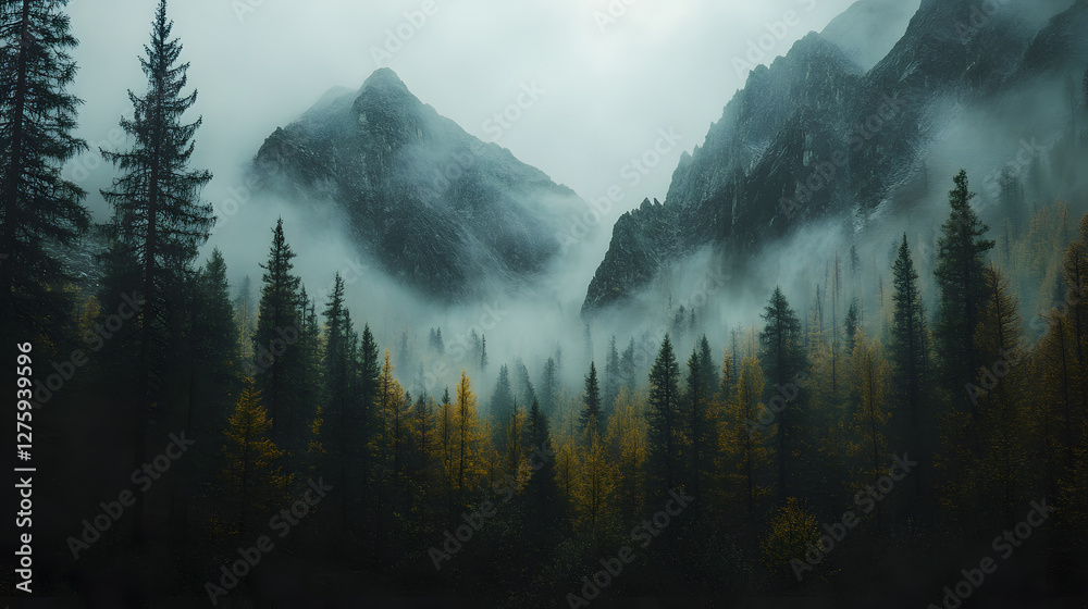 Poster A misty forest scene with towering trees and mountains, enveloped in fog, creating a serene and mysterious atmosphere