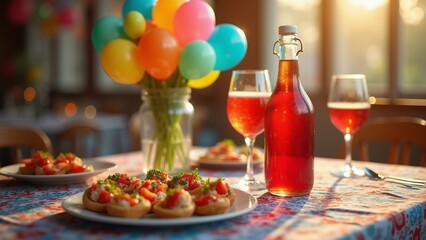 Fototapeta premium A festive dinner setting with a colorful table, sangria, tapas, balloons, soft lighting, and detailed textures., ultra detailed, 8k resolution, HDR, professional