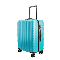 Bright turquoise suitcase on wheels for travel adventures isolated on png transparent background, cut out
