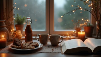 Obraz premium A cozy indoor setting for a rainy day dinner., ultra detailed, 8k resolution, HDR, professional