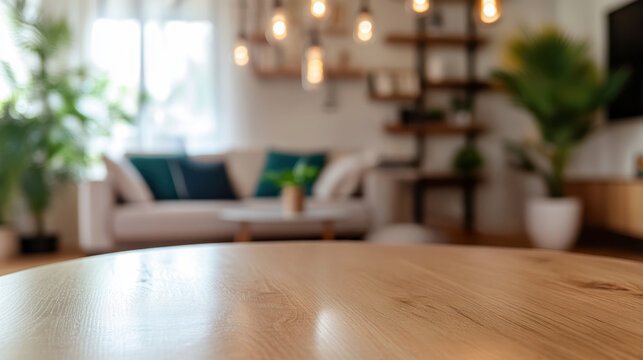 Empty round wooden table providing space for product placement with blurred modern living room in the background featuring sofa, shelves, plants and lights