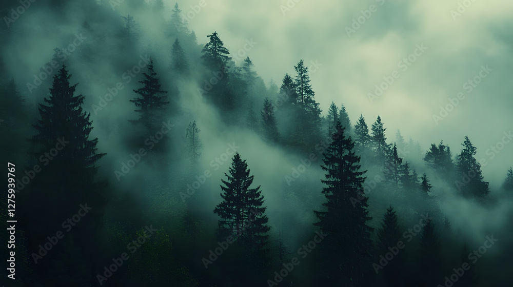 Poster a misty forest scene featuring tall evergreens shrouded in fog, creating an atmospheric, moody envir