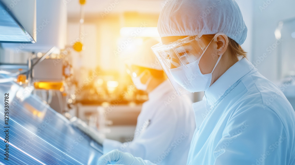 Poster scientists in protective gear testing solar panels in laboratory setting
