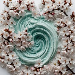 A close-up of a seafoam swirl mixed with delicate petals of cherry blossoms, isolated on white.