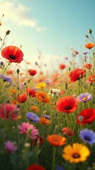 Obraz premium A vivid landscape of colorful wildflowers, including poppies, daisies, and cornflowers, gently swaying in the breeze with intricate textures on their petals a, ultra detailed, 8k resolution, HD