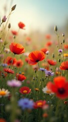 Fototapeta premium A vivid landscape of colorful wildflowers, including poppies, daisies, and cornflowers, gently swaying in the breeze with intricate textures on their petals a, ultra detailed, 8k resolution, HD