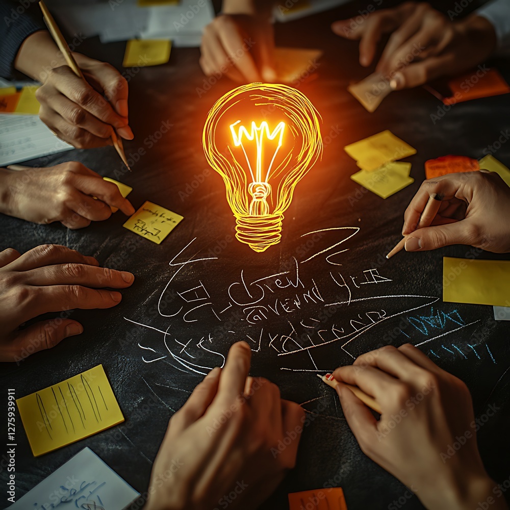 Poster creative brainstorming session with hands, light bulb, and sticky notes.