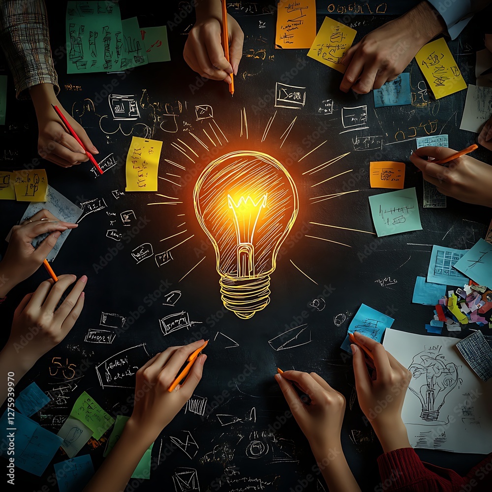 Aufkleber creative brainstorming session with hands drawing around a glowing light bulb amid colorful notes.