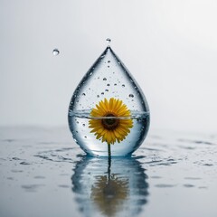 A water droplet reflecting the entire ocean and a tiny bouquet inside it, set on a pure white background.