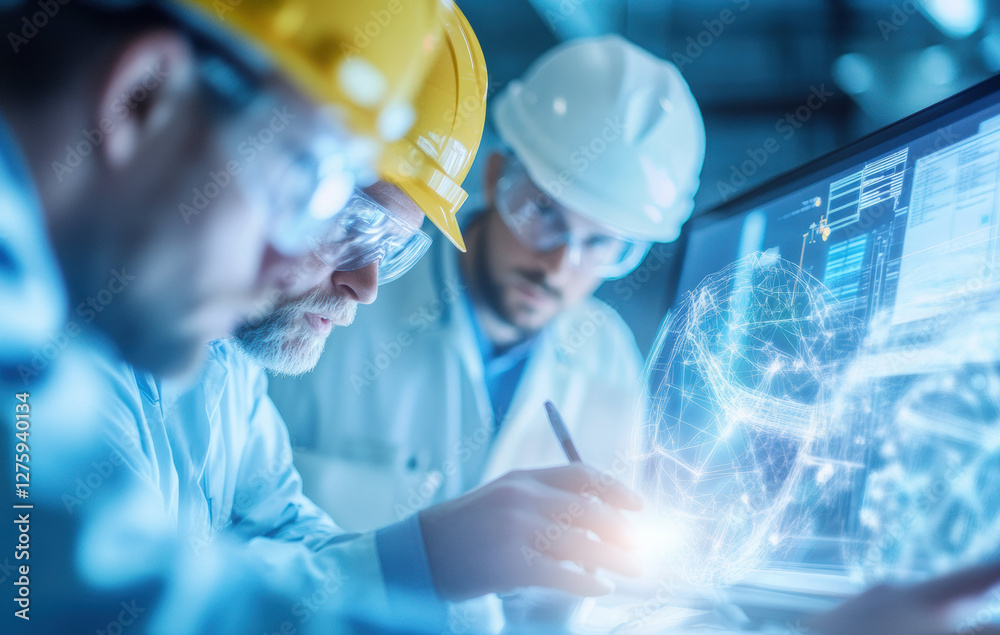 Aufkleber Engineers collaborating on futuristic technology with digital interface