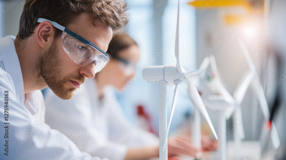Poster engineers testing wind turbine models in laboratory for renewable energy research