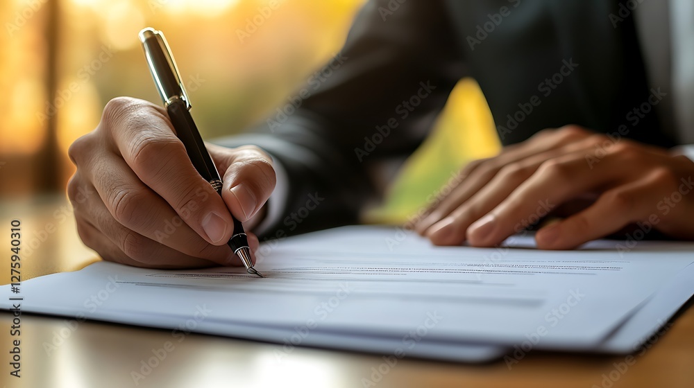 Poster a person writing on paper with a pen in a professional setting.