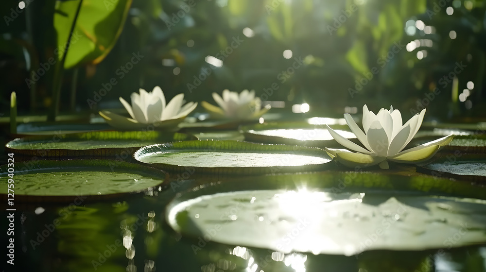 Poster A serene pond scene featuring water lilies floating on the surface, illuminated by soft sunlight filtering through lush greenery
