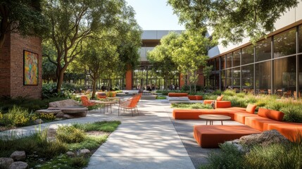 A modern outdoor space featuring vibrant orange seating, lush greenery, and a peaceful pathway, ideal for relaxation and gatherings.