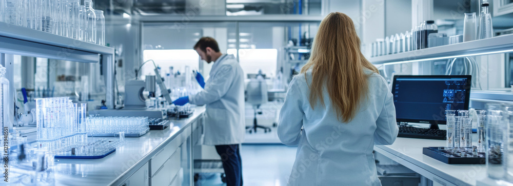 Poster scientists working in modern laboratory with advanced equipment and glassware
