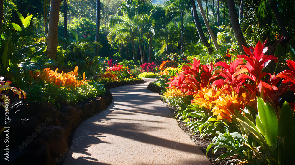 Poster a vibrant garden path lined with colorful flowers, leading through lush greenery under bright sunlig
