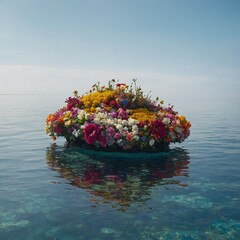 A floating island made of flowers, gently resting on a multicolored sea, with nothing but white in the background.
