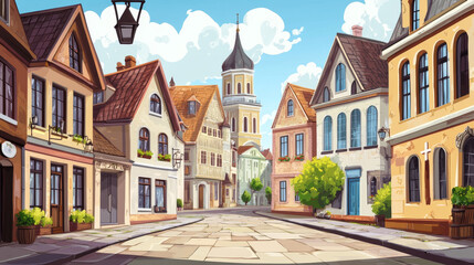 Obraz premium Urban street landscape 18th century with residential, government and church buildings, retro cartoon vector background. Cityscape with pavement, facades, vintage town poster