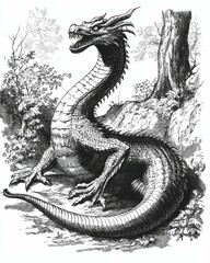 Obraz premium Basilisk: Vintage Graphic Depiction of a Mythical Dragon Beast