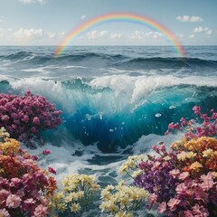 A magical ocean with rainbow-colored waves, surrounded by floating flowers, set against a white background.