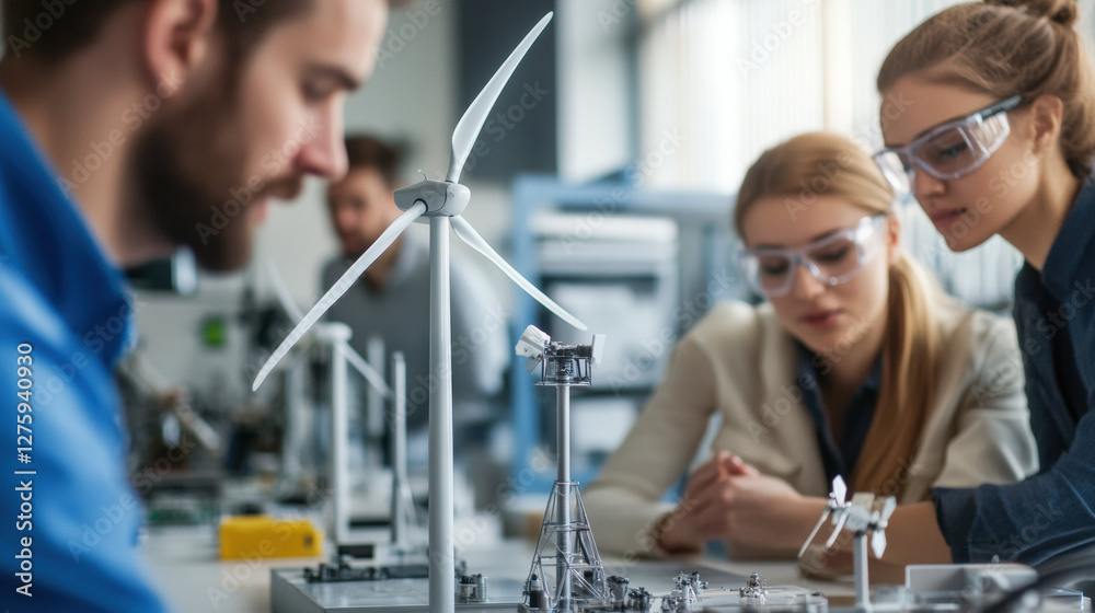 Poster team of engineers testing wind turbine model in modern laboratory