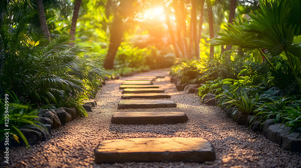 Poster a serene garden path lined with stone steps, surrounded by lush greenery and illuminated by warm sun