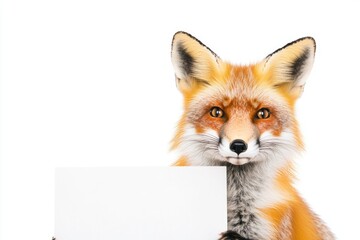 Fototapeta premium A red fox holds a sign in front of its face, curious expression