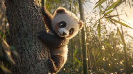 Obraz premium Adorable Baby Panda Climbing Tree in Bamboo Forest at Sunset
