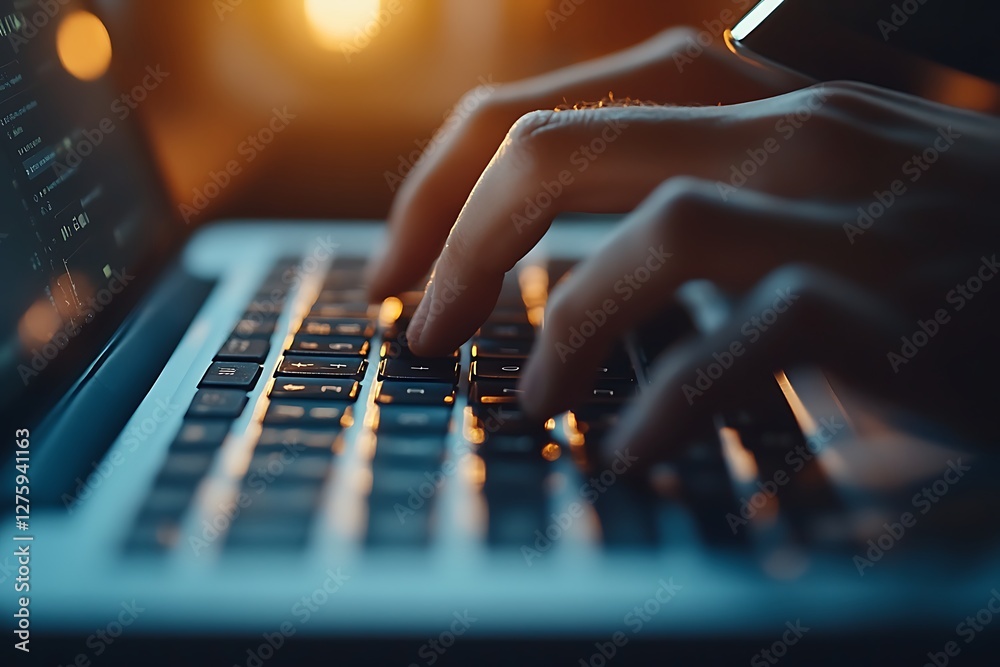 Poster fingers typing on a laptop keyboard in a dimly lit environment.