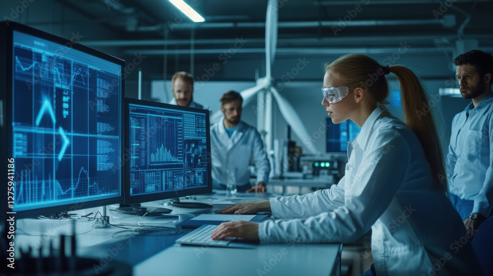 Poster Engineers analyzing wind turbine data in modern laboratory setting