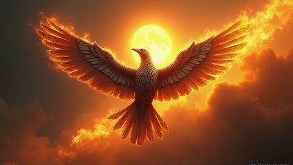   A metallic avian form ascending towards a radiant solar orb, its aerodynamic appendages igniting in flames, representing metamorphosis and new life, boasting , ultra detailed, 8k resolution, HD