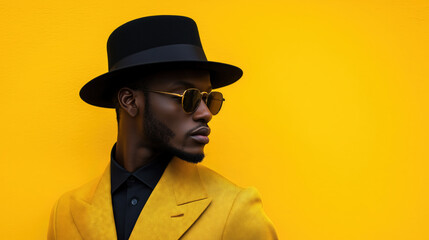 A black man with a neatly trimmed beard wearing a mustard yellow suit black shirt black wide-brim hat and sunglasses standing against a vibrant yellow background