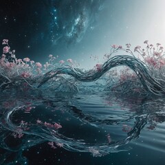 A cosmic ocean, with galaxies reflected in the water, intertwined with glowing floral vines, on a white background.