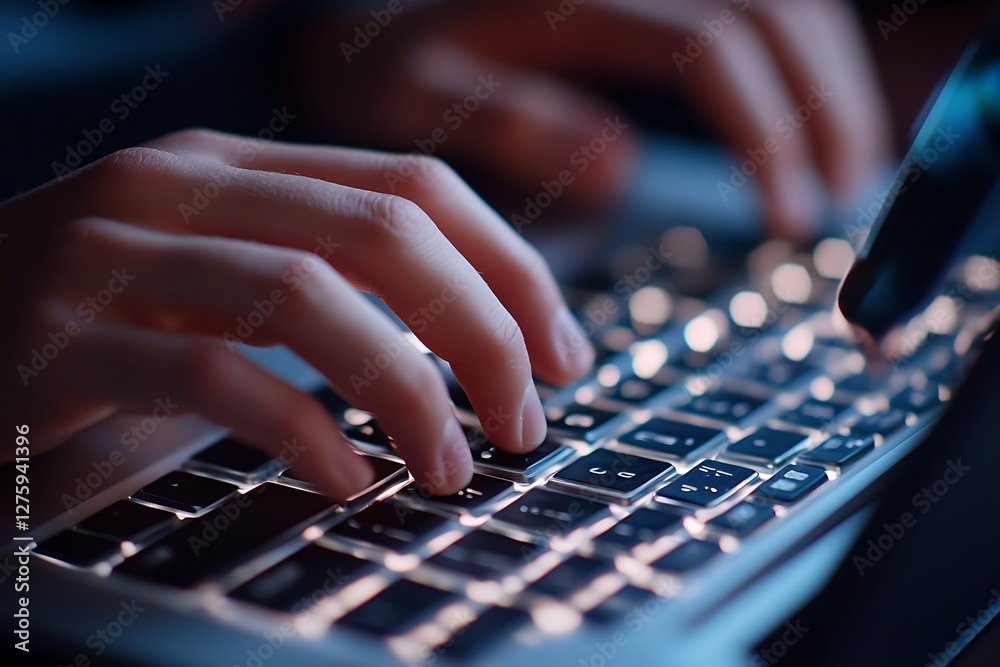 Aufkleber Close-up of hands typing on a backlit keyboard in a dimly lit environment.