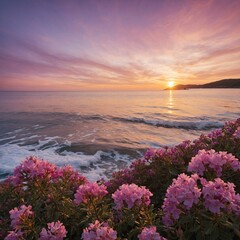 A golden sunset over a crystal-clear ocean, framed by pink and purple flowers, all with a white backdrop.
