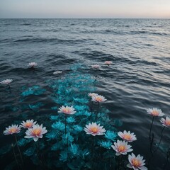 A mystical ocean with bioluminescent waves and bright floral petals floating in the water, against a stark white background.