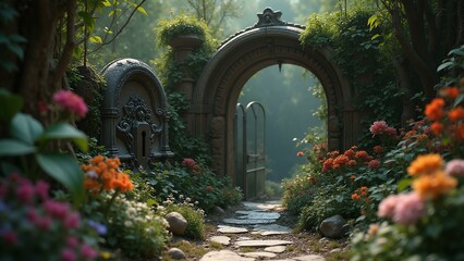 Fototapeta premium A mystical metal key unveils an alluring secret garden, teeming with exotic flora and vibrant flowers. The highly detailed textures in 8k resolution bring the, ultra detailed, 8k resolution, HD