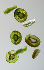 Several slices of kiwi float gracefully in midair, revealing their bright green interiors and brown exterior skin. Water droplets enhance the freshness of this juicy fruit display