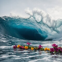 A vibrant ocean wave crashing, surrounded by colorful tropical flowers, all set against a pure white background.