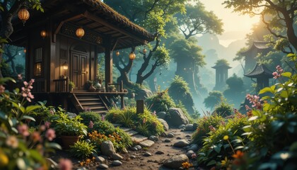 Fototapeta premium Serene Asian Style House in Lush Forested Landscape Tranquil Garden Path Sunrise