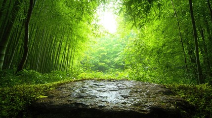 Obraz premium Lush Bamboo Forest Path, Sunlight, Tranquil Nature