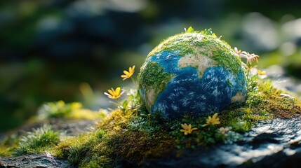 Earth model, mossy rock, wildflowers, sunlight, eco-campaign