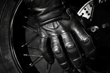 Biker Gloves: Protective Gear on Motorcycle Wheel for Speed Limit and Deceleration