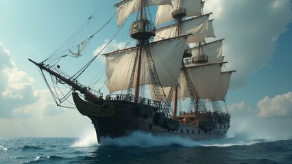   A meticulously crafted 8k pirate ship sails through an artificial simulation with intricate details., ultra detailed, 8k resolution, HDR, professional