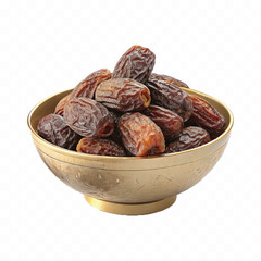 abstract 3d Royal dry dates lie in big bowl isolated on white background