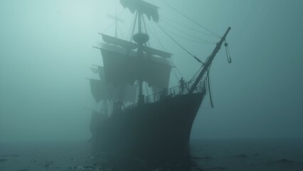   A hauntingly beautiful 8k resolution image of a pirate ship sailing through dense, eerie fog, its deck populated by ghostly figures with highly detailed textu, ultra detailed, 8k resolution, HD