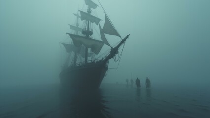   A hauntingly beautiful 8k resolution image of a pirate ship sailing through dense, eerie fog, its deck populated by ghostly figures with highly detailed textu, ultra detailed, 8k resolution, HD